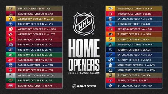 NHL 2023 schedule graphic featuring a list of the home opener for each team