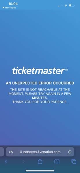 Ticketmaster error showing in a screenshot from the app posted on Twitter
