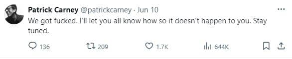 Patrick Carney tweet - screenshot of X