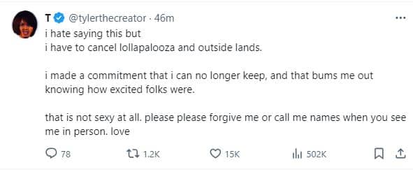 Tyler The Creator screenshot of post on X