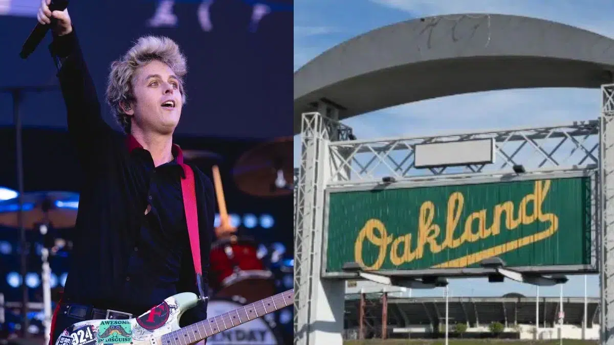 (left) Billie Joe Armstrong of Green Day | Photo by Raph_PH, CC BY 2.0, via Wikimedia Commons | (right) Oakland Coliseum | Photo by Quintin Soloviev, CC BY-SA 4.0, via Wikimedia Commons