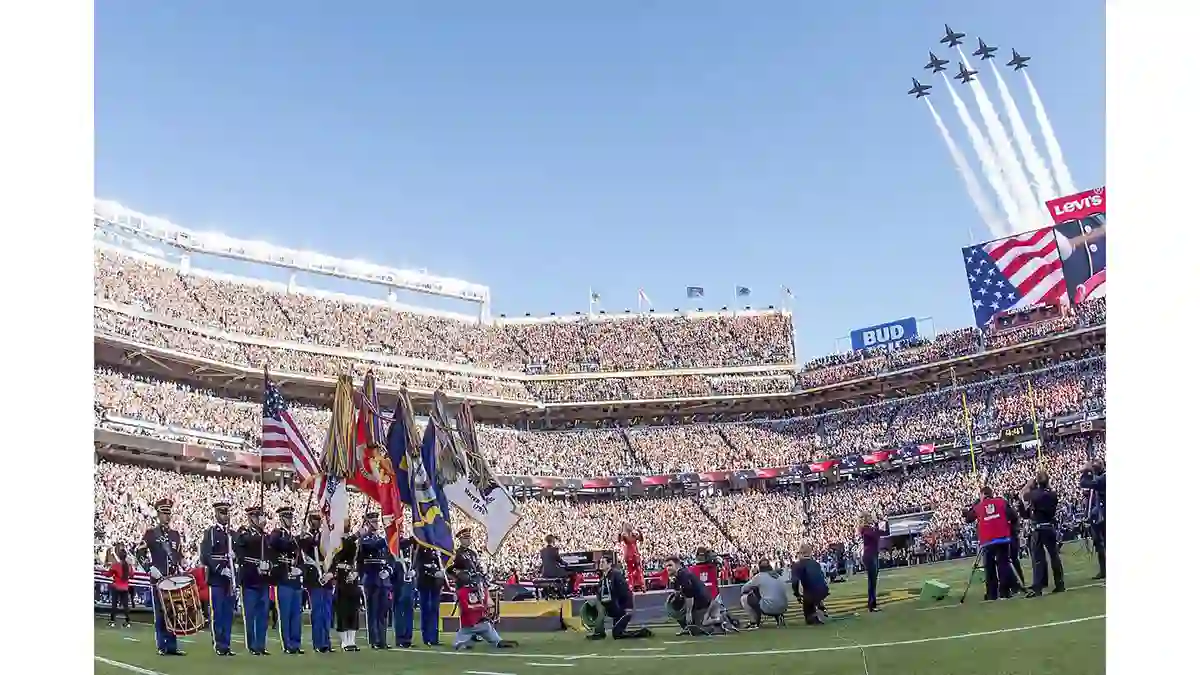 Blue Angels jets fly over during the pregame of Super Bowl 50 (credit: Spc. Brandon C. Dyer, Public domain, via Wikimedia Commons)