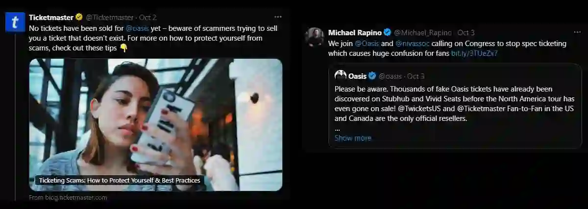 Screenshots of social media posts by Ticketmaster and Live Nation Entertainment CEO Michael Rapino amplifying the misleading NIVA message about tickets not yet being available for Oasis tour dates this week