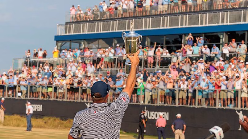 Bryson DeChambeau celebrates his U.S. Open tournament win at Pinehurst. (Photo via USGA, credit John Mummert)