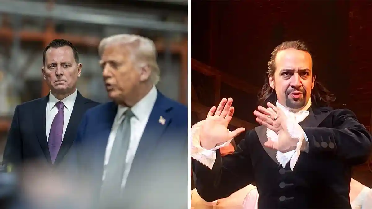 President Trump and Richard Grenell at a March Kennedy Center board meeting (White House/Public Domain) | Lin Manuel Miranda performing as Alexander Hamliton (Steve Jurvetson, CC BY 2.0, via Wikimedia Commons)