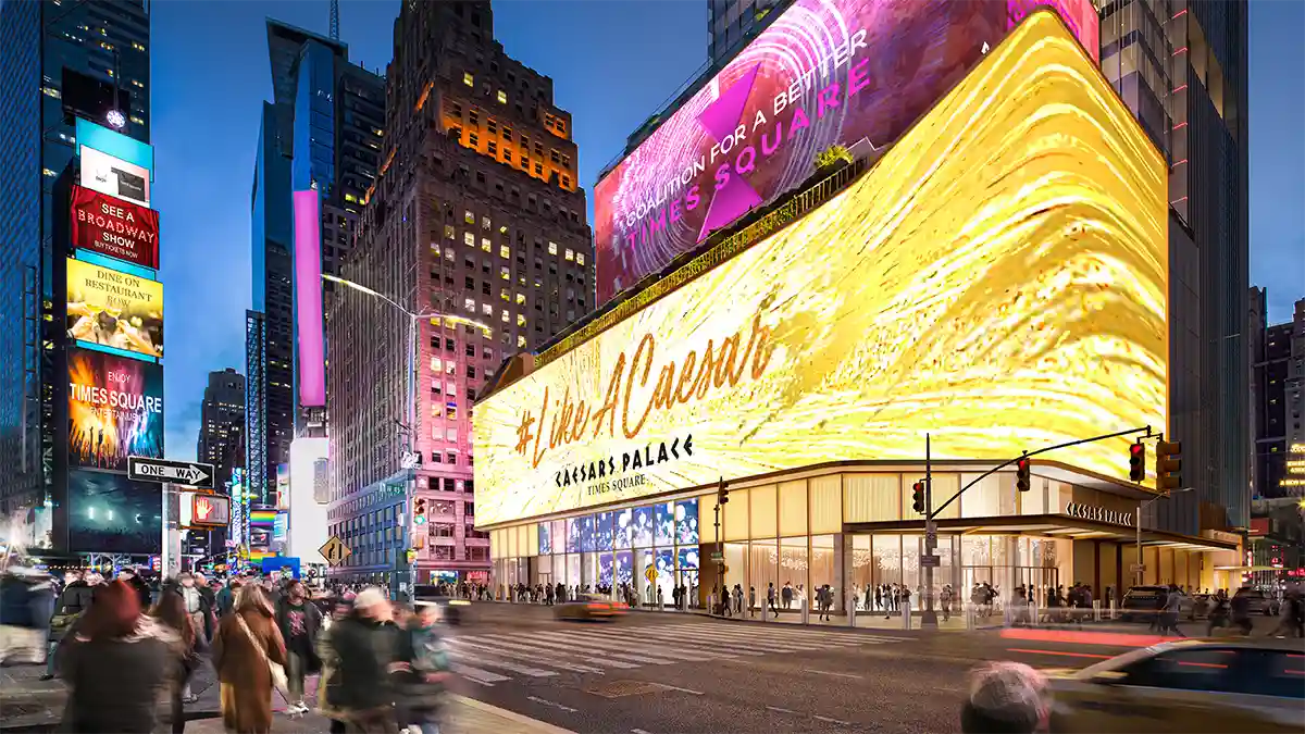 Rendering of the proposed casino in Times Square, which Broadway insiders are resisting. (Rendering via Caesars press announcement of the formal bid)