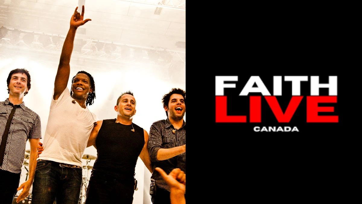 The Newsboys (photo by Breezy Baldwin, CC BY 2.0, via Wikimedia Commons) / Faith LIVE logo