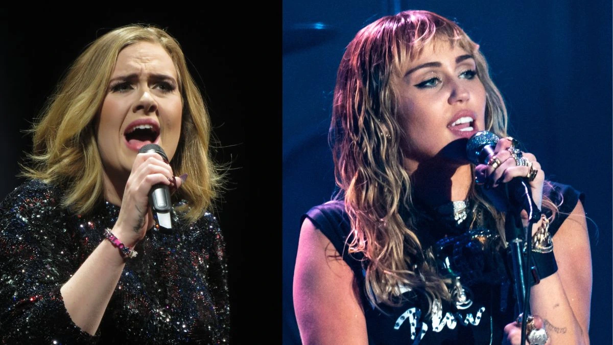 Adele | Photo by marcen27 from Glasgow, UK, CC BY 2.0, via Wikimedia Commons \ Miley Cyrus | Photo by Raphael Pour-Hashemi, CC BY 2.0, via Wikimedia Commons