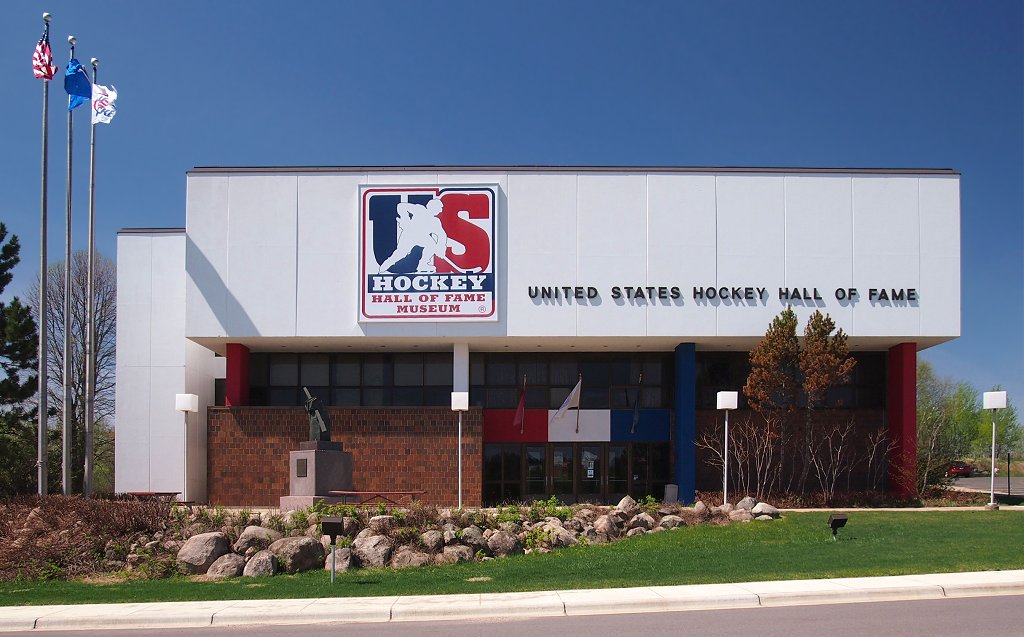 United States Hockey Hall of Fame, 801 Hat Trick Avenue, Eveleth, Minnesota, USA. Viewed from the east-northeast | Photo credit: McGhiever via Wikimedia Commons
