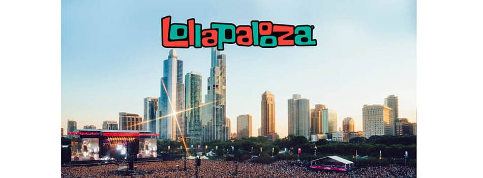 Lollapalooza 2022 lineup release photo of past event crowd with chicago skyline in the background and Lollapalooza imposed over the sky j-hope of bts