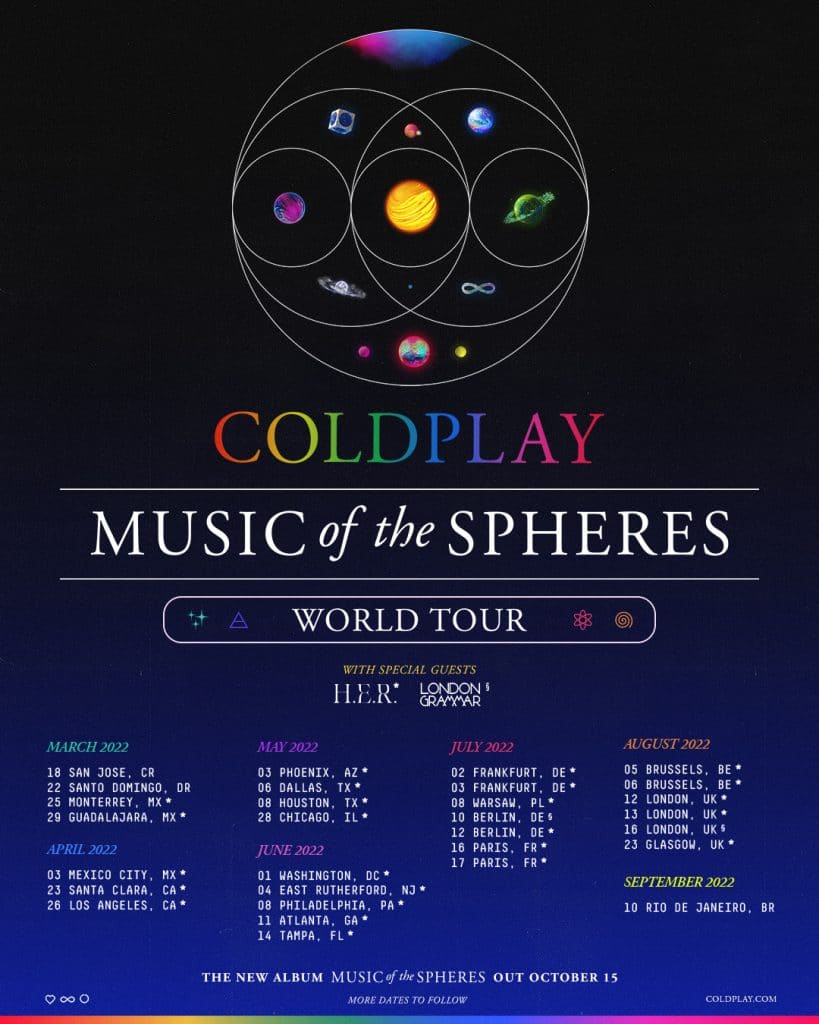 Coldplay music of the spheres world tour graphic and tour dates