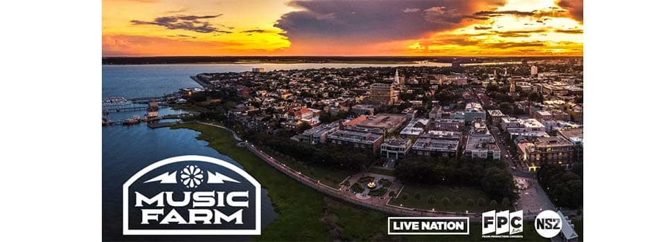 The Music Farm in charleston, south carolina, photograph from outside the venue looking down with venue logo on the left.