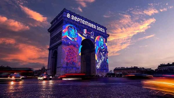 Rugby World Cup 2023 image projected onto the Arc de Triomphe in Paris.