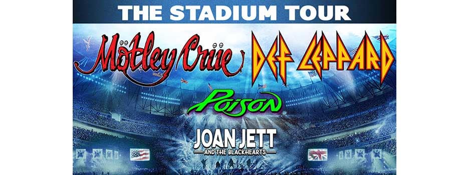 The Stadium Tour logo - Motley Crue Def Leppard Joan Jett and Poison logos over stadium image