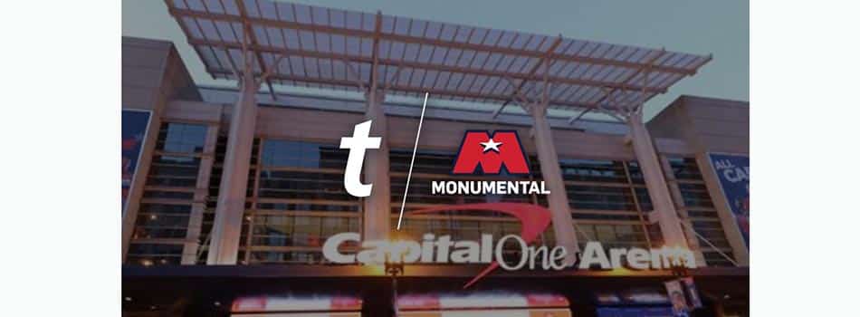 Ticketmaster and Monumental Sports & Entertainment logos over a background photo of the Capital One Arena