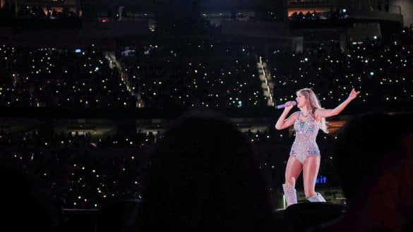 American singer-songwriter Taylor Swift performing on the Eras Tour concert at SoFi Stadium in Inglewood, August 2023 | Photo by Paolo V via Wikimedia Commons