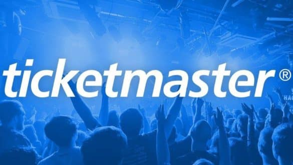Ticketmaster logo over a blue background concert image