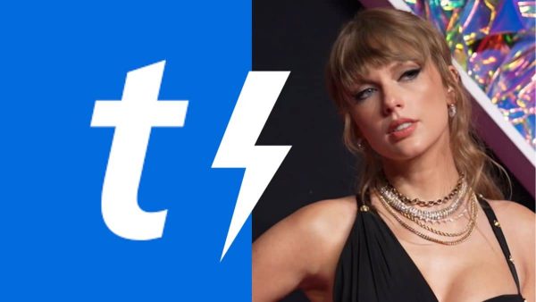 (left) Ticketmaster logo / (right) Taylor Swift at the 2023 MTV Video Music Awards by iHeartRadioCA via Wikimedia Commons