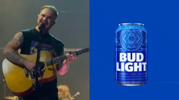 From left to right (left) Zach Bryan performing at Crypto.com Arena on 23 Aug 2023 | Photo by Katrina Paisano via Wikimedia Commons (right) Bud Light logo via PR Newswire