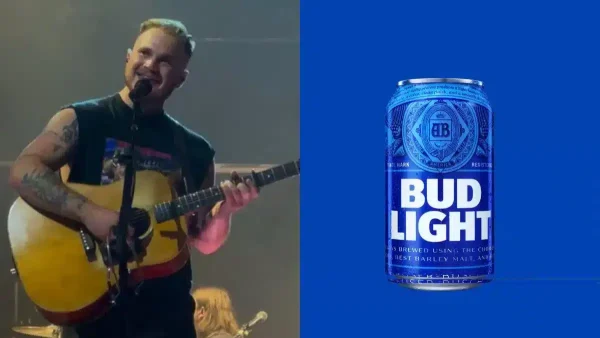 From left to right (left) Zach Bryan performing at Crypto.com Arena on 23 Aug 2023 | Photo by Katrina Paisano via Wikimedia Commons (right) Bud Light logo via PR Newswire