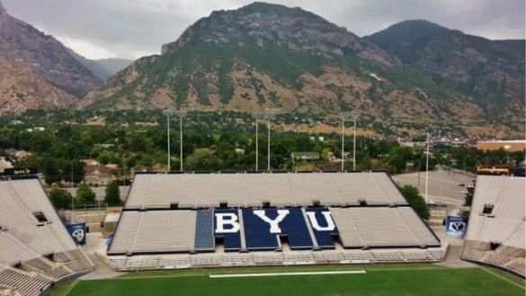 A view of Y Mountain in Spring from an empty LaVell Edwards Stadium at BYU | Photo by Pastelitodepapa via Wikimedia Commons