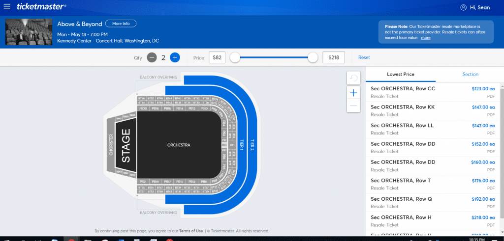 above and beyond ticketmaster screenshot