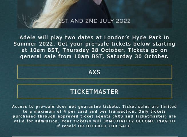 Screenshot of Adele ticket resale restriction warning