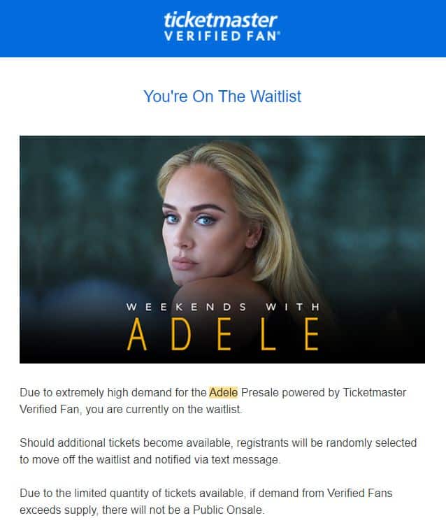 Adele Verified Fan waitlist email