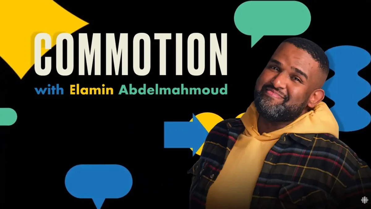 Commotion podcast image featuring the podcatst title and a photo of host Elamin Abdelmahmoud