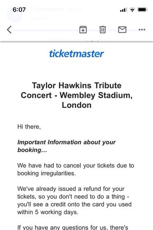 Taylor hawkins tickets cancelled email ticketmaster