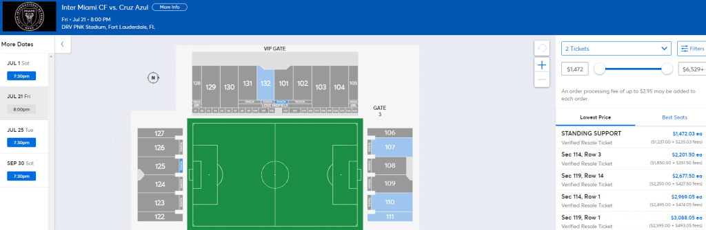 Inter Miami CF ticket prices screenshot of ticketmaster page for Lionel Messi's July 21 debut with his MLS club