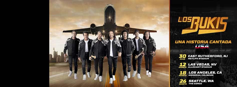 Los Bukis 2022 tour dates announced photo of band in front of airplane with dates on right of screen