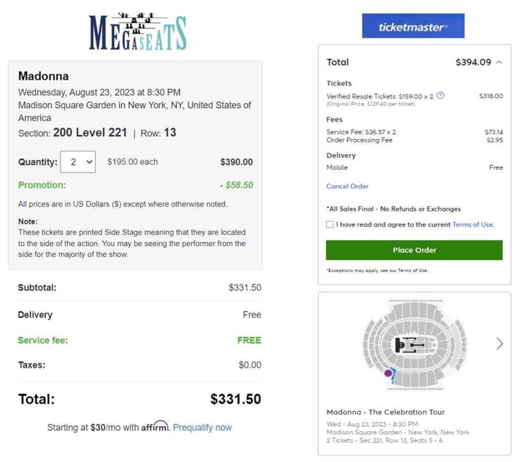 MEGASeats Ticketmaster comparison Madonna ticket prices