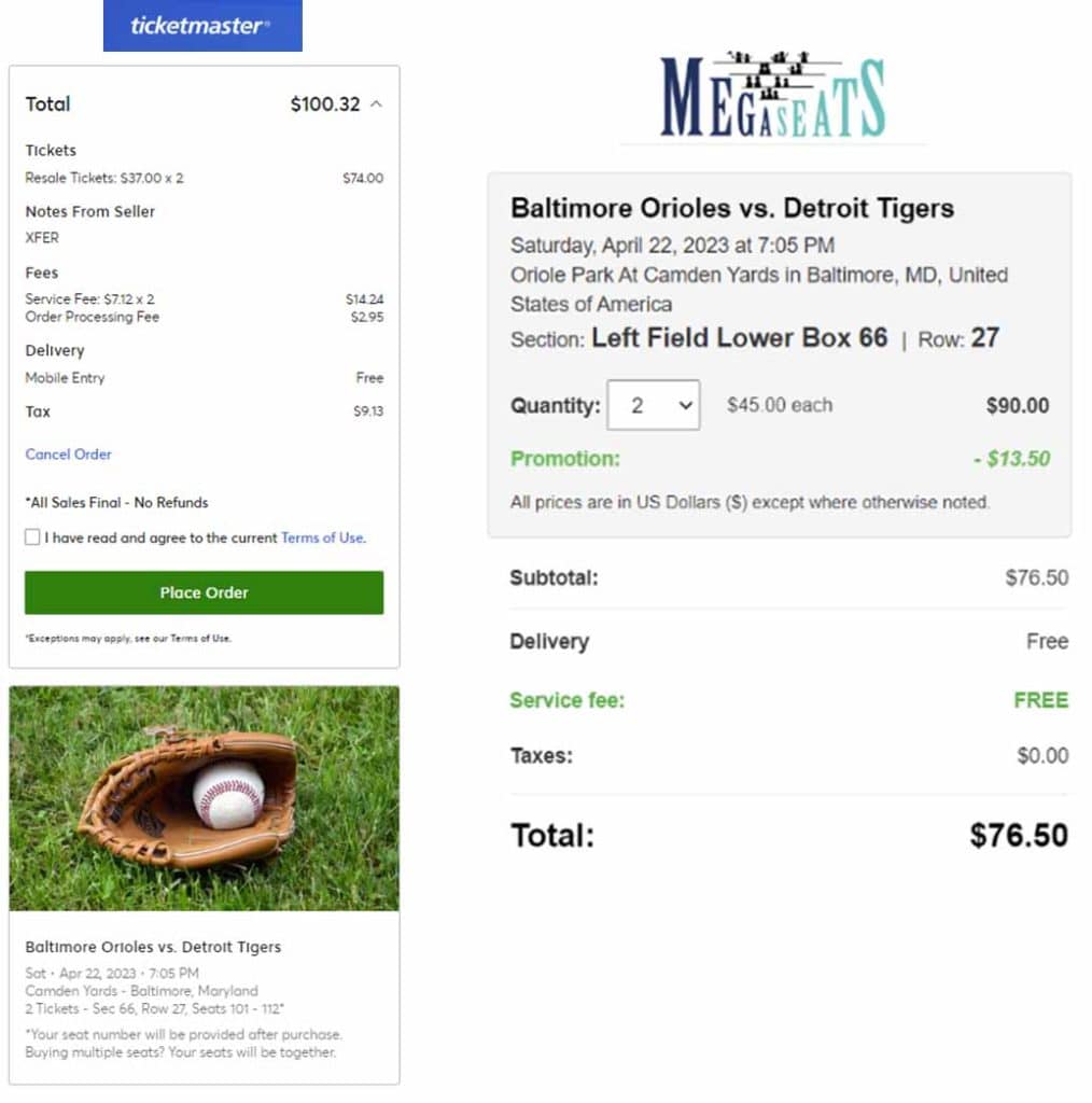 Orioles vs. Tigers ticket prices screenshot Ticketmaster vs. MEGASeats