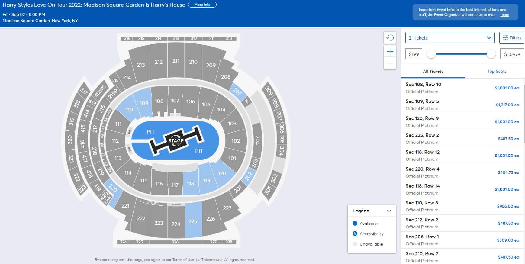 Harry Styles Platinum ticket prices