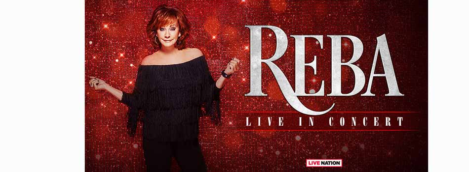 Reba McEntire tour dates for 2021 and 2022 were announced by the singer this week. Photo of Reba McEntire over sparkly background with Reba Live in Concert text and live nation logo.