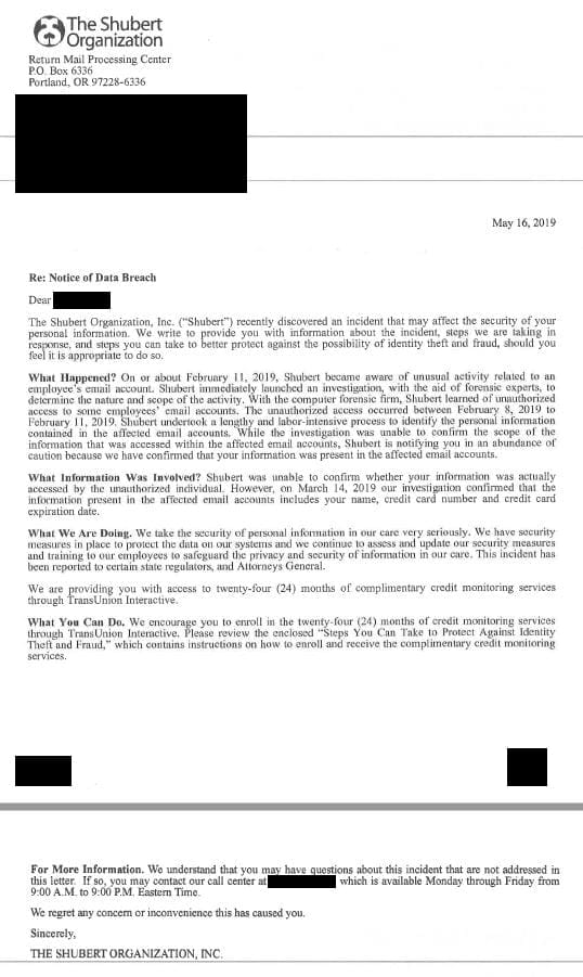 shubert organization letter