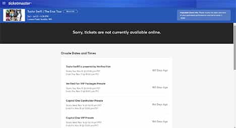 Taylor Swift tickets on Ticketmaster are sold out (screenshot of ticketmaster website showing taylor swift tickets not being available for consumers)