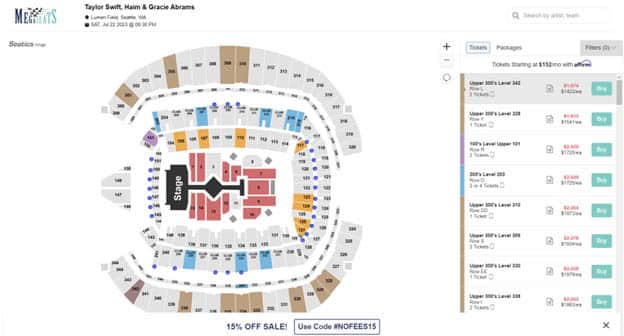 Taylor Swift tickets - screenshot of MEGASeats.com with available tickets for Taylor Swift's Eras Tour at a date which is otherwise sold out from the box office.