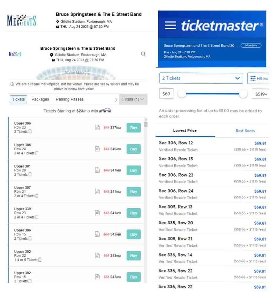 Screenshots of tickets listed for sale on MEGASeats (left) and Ticketmaster (right).