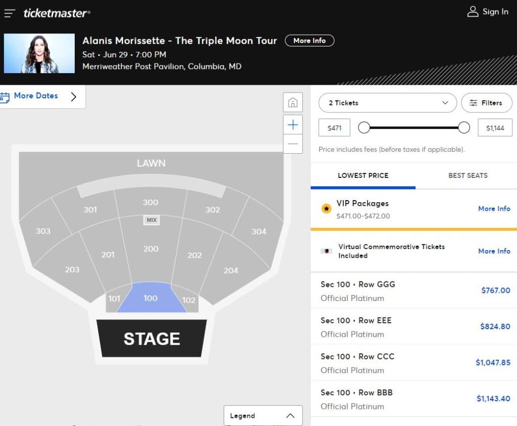 Screenshot of Ticketmaster website showing tickets available for Alanis Morissette for Saturday, June 29 - taken at 2:10 PM March 14, 2024