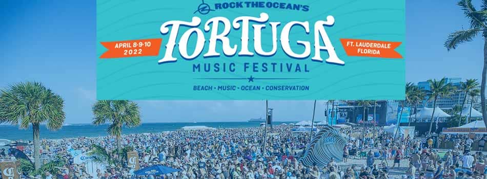 Tortuga Music Festival logo and image of crowd at the beach venue