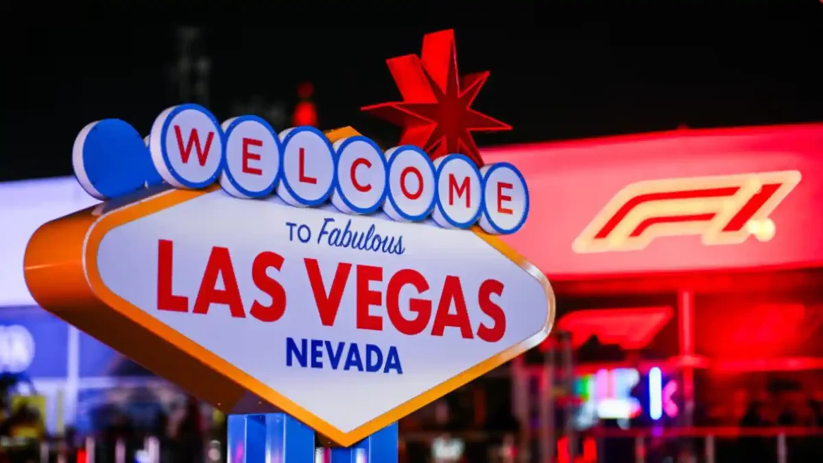 Welcome to Las Vegas sign with F1 sign in background at the Formula 1 Las Vegas Grand Prix event in 2023