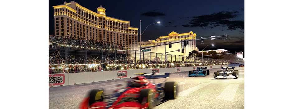 F1 Las Vegas graphic car on las vegas strip with hotel in background
