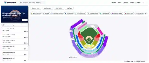 Screenshot of Vivid Seats website showing ticket prices for an opening day baseball game at Citi Field in New York