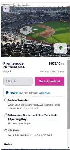 Screenshot of Vivid Seats mobile website displaying tickets to the New York Mets home opener