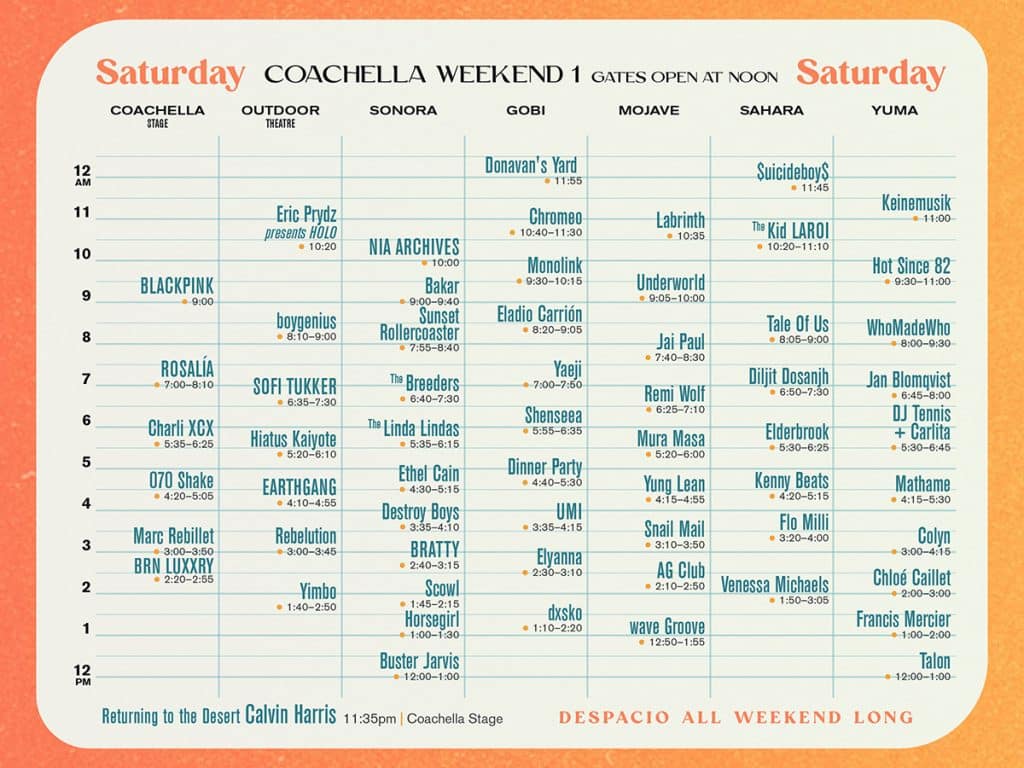 Coachella 2023 Weekend 1 set times Saturday