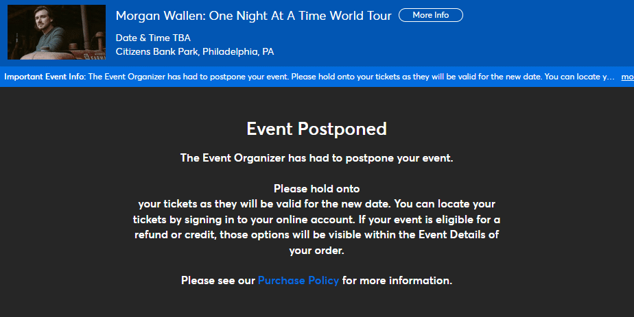Morgan Wallen screenshot postponed tickets citizen's bank ballpark philadelphia