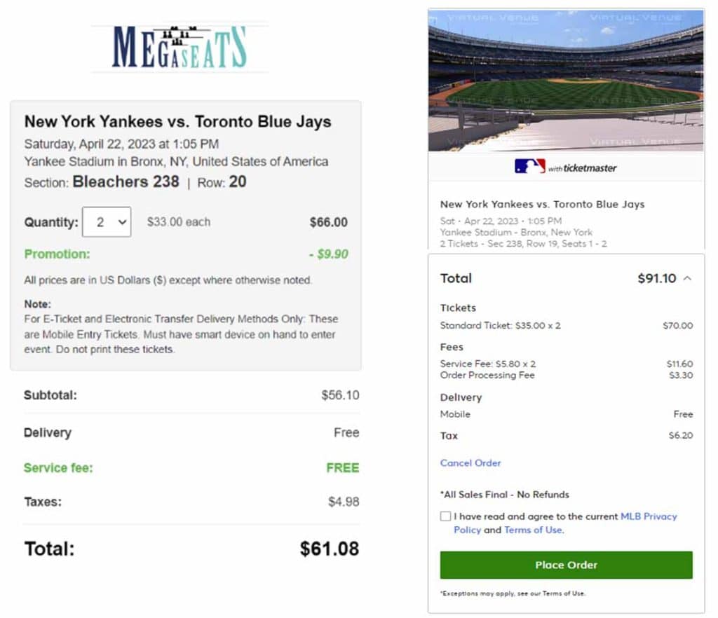 Yankees vs Blue Jays ticket prices at Ticketmaster and MEGASeats